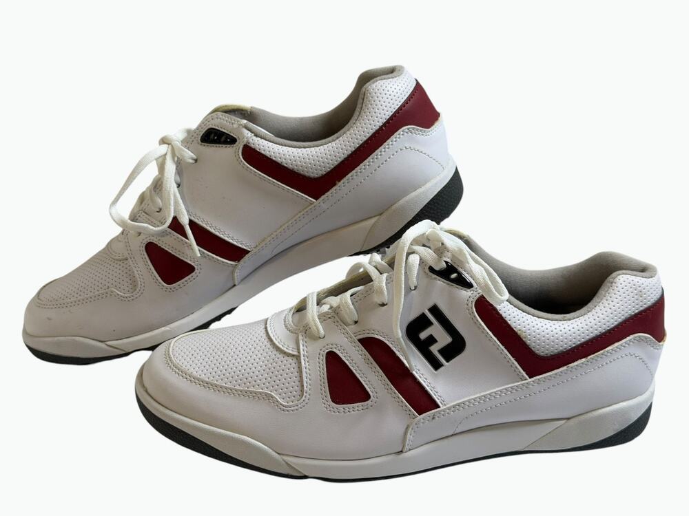 FootJoy Greenjoy Golf Shoes, 45314, White/Red/Black, Leather, Mens US Size 9.5